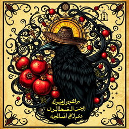 A tarot card design featuring a black crow wearing a hat, surrounded by intricate and abundant swirling lines that contribute to a mystical feel