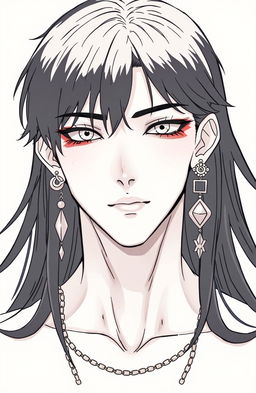 A young man with long black hair, wearing three earrings in his right ear and four earrings in his left ear