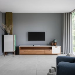 A comfortable living room with greyish floor tiles, a bluish sofa, and a contemporary television unit.