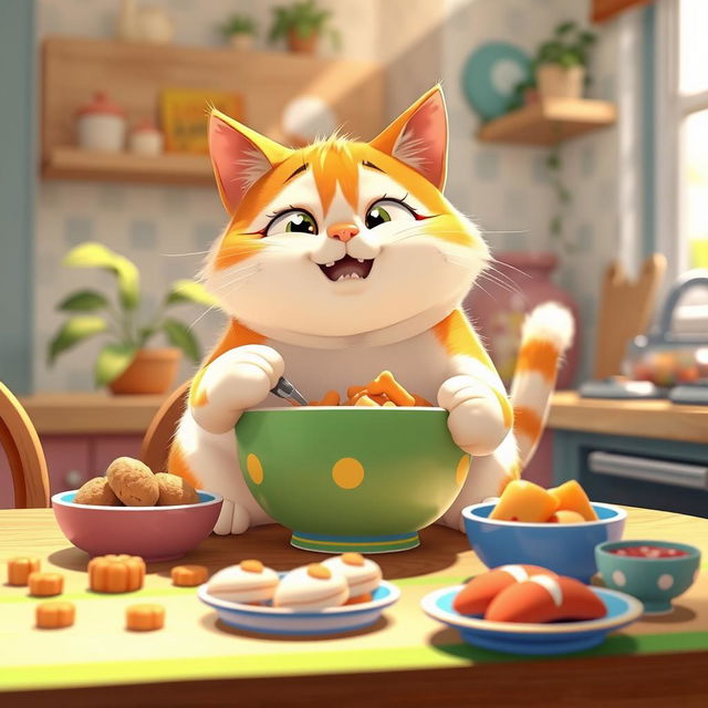 An animated image of a plump, adorable cat enthusiastically eating from a colorful bowl on a table