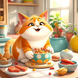 An animated image of a plump, adorable cat enthusiastically eating from a colorful bowl on a table