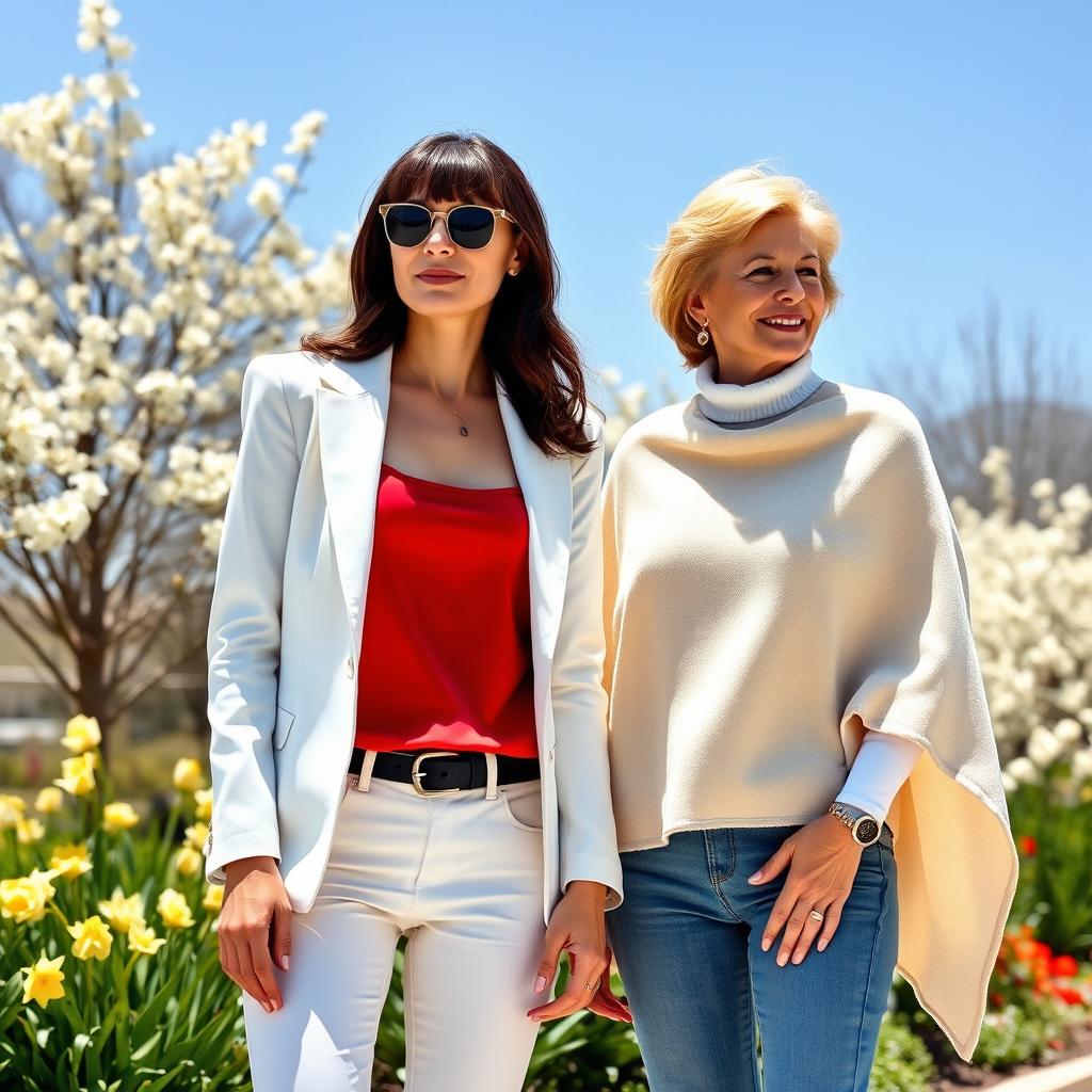 A tall, pretty woman with dark brown hair styled in soft bangs, wearing a stylish white blazer over a red tank top, complemented by white pants and chic sunglasses