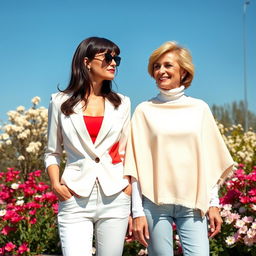 A tall, pretty woman with dark brown hair styled in soft bangs, wearing a stylish white blazer over a red tank top, complemented by white pants and chic sunglasses