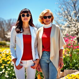 A tall, pretty woman with dark brown hair styled in soft bangs, wearing a stylish white blazer over a red tank top, complemented by white pants and chic sunglasses