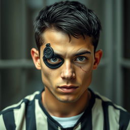A young man with short black hair, featuring a distinctive eye patch shaped like a watch over his left eye