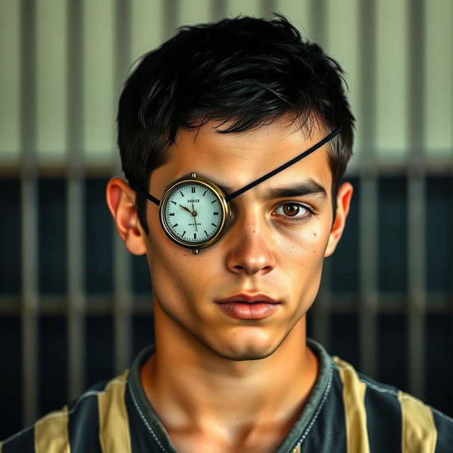 A young man with short black hair, featuring a distinctive eye patch shaped like a watch over his left eye