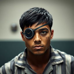 A young man with short black hair, featuring a distinctive eye patch shaped like a watch over his left eye