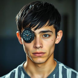 A young man with short black hair, featuring a distinctive eye patch shaped like a watch over his left eye