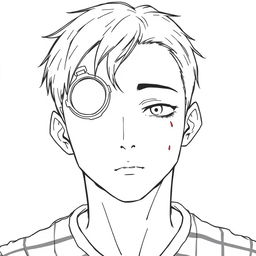A young man with short black hair, featuring a distinctive eye patch shaped like a watch over his left eye