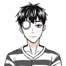 A young man with short black hair, featuring a distinctive eye patch shaped like a watch over his left eye