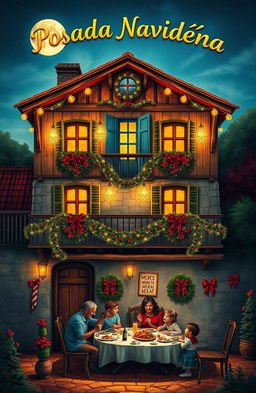 A charming rural house illuminated by the moon, festively decorated with Christmas lights and floral garlands