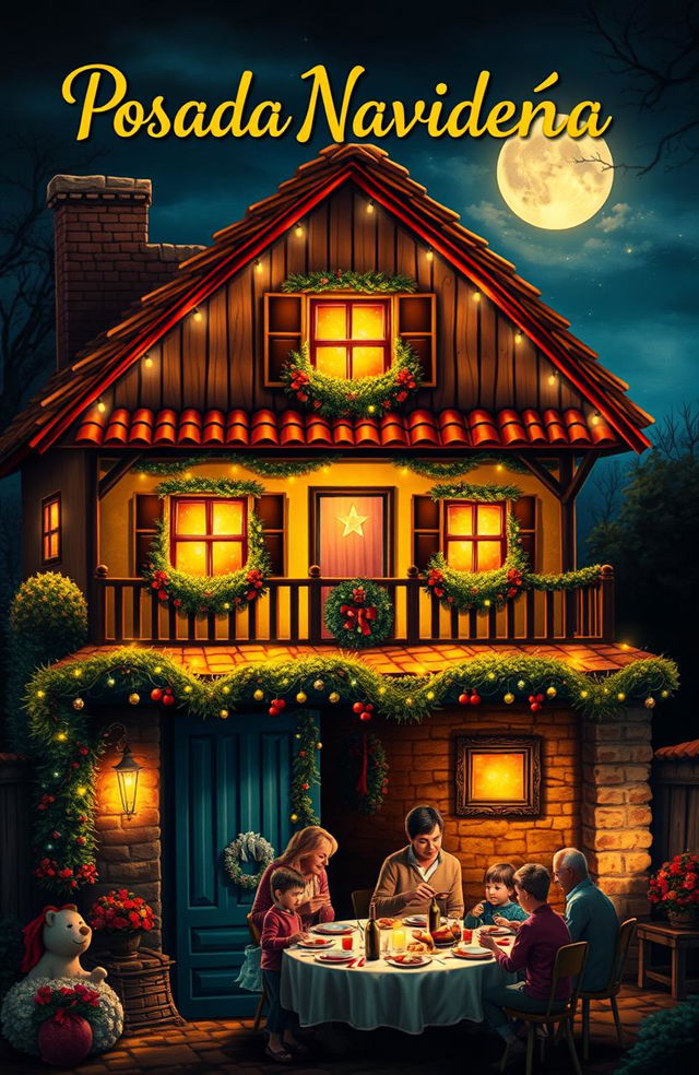 A charming rural house illuminated by the moon, festively decorated with Christmas lights and floral garlands