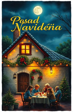 A charming rural house illuminated by the moon, festively decorated with Christmas lights and floral garlands