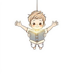 A young boy suspended in mid-air, holding a glowing book between his hands