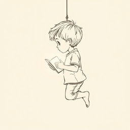 A young boy in profile, suspended in mid-air, holding a glowing book between his hands