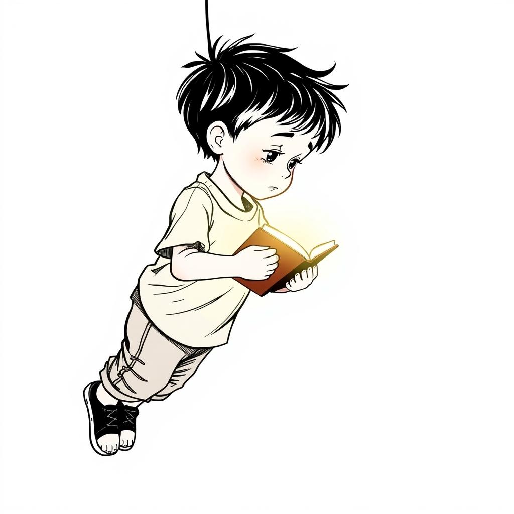 A young boy in profile, suspended in mid-air, holding a glowing book between his hands