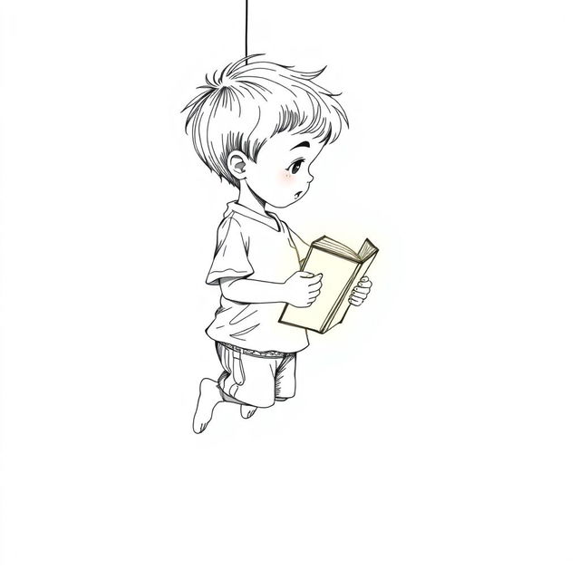 A young boy in profile, suspended in mid-air, holding a glowing book between his hands