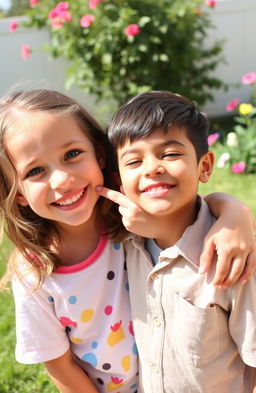 A joyful scene of a young girl mischievously popping a pimple on her older brother's face