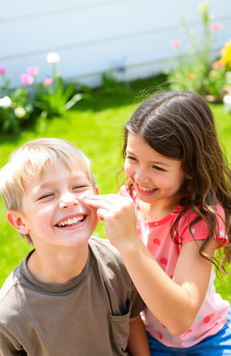 A joyful scene of a young girl mischievously popping a pimple on her older brother's face
