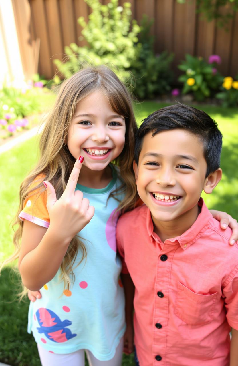 A joyful scene of a young girl mischievously popping a pimple on her older brother's face