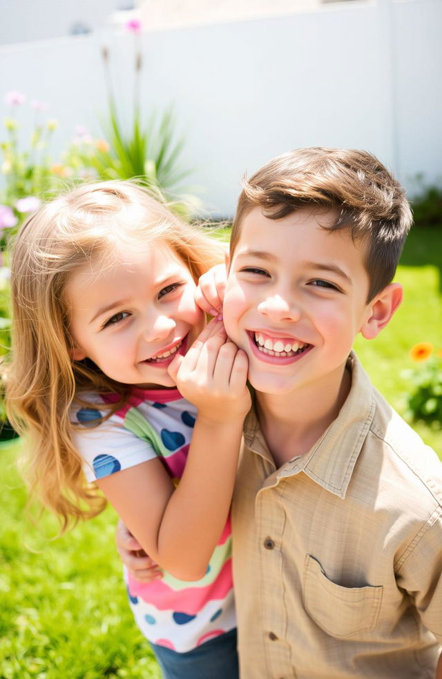 A joyful scene of a young girl mischievously popping a pimple on her older brother's face