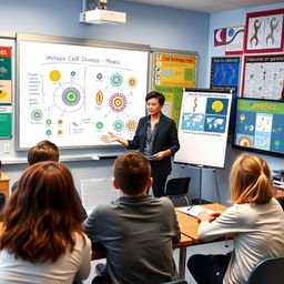 A biology teacher explaining the concepts of mitosis and meiosis in a vibrant classroom setting