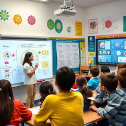 A biology teacher explaining the concepts of mitosis and meiosis in a vibrant classroom setting