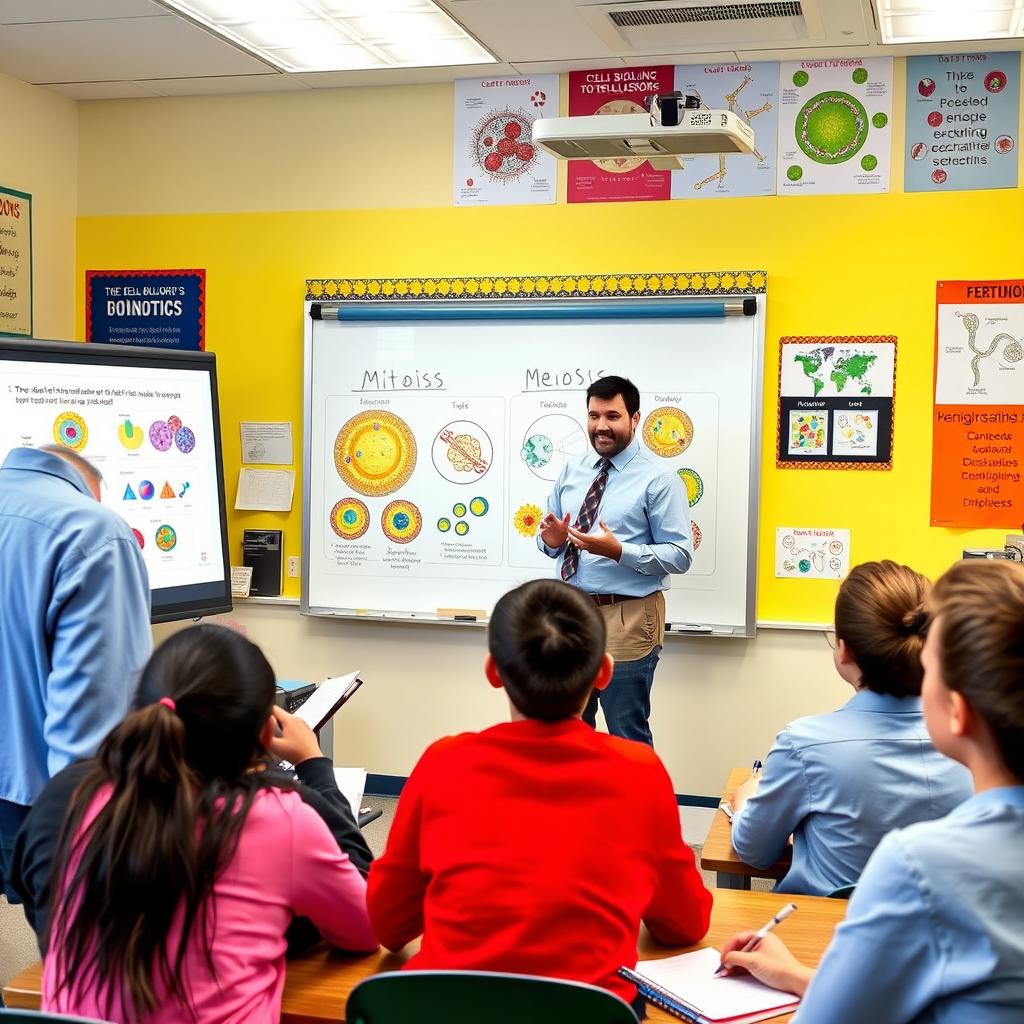 A biology teacher explaining the concepts of mitosis and meiosis in a vibrant classroom setting