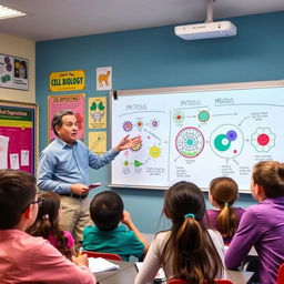 A biology teacher explaining the concepts of mitosis and meiosis in a vibrant classroom setting