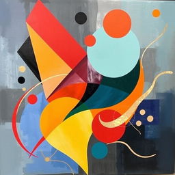 An abstract painting that incorporates a variety of geometric shapes and vibrant colors, set against a textured background