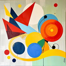An abstract painting that incorporates a variety of geometric shapes and vibrant colors, set against a textured background