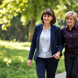 A tall, pretty woman with dark brown hair styled in bangs, wearing a navy blue blazer over a white buttoned shirt, paired with navy blue pants, walking next to a middle-aged woman resembling Princess Diana, featuring her iconic short blonde hairstyle
