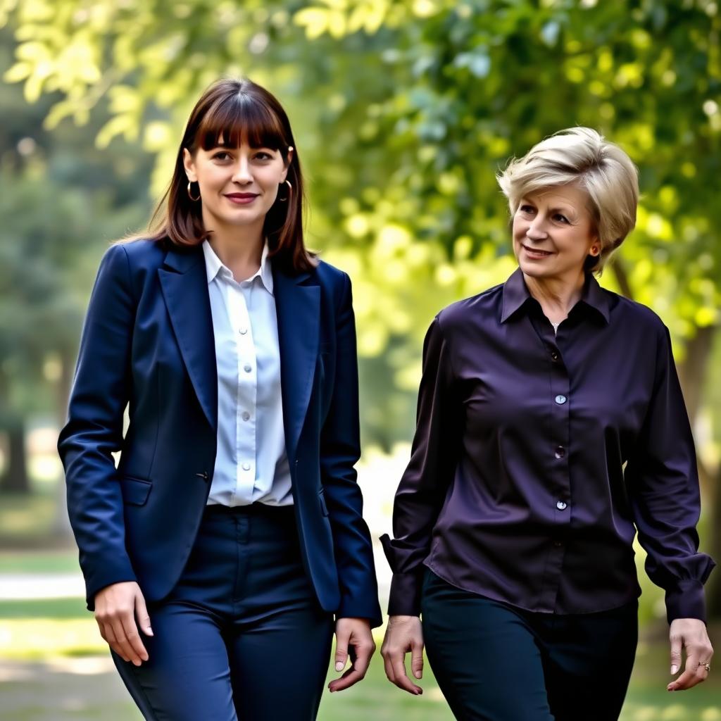 A tall, pretty woman with dark brown hair styled in bangs, wearing a navy blue blazer over a white buttoned shirt, paired with navy blue pants, walking next to a middle-aged woman resembling Princess Diana, featuring her iconic short blonde hairstyle