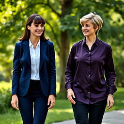 A tall, pretty woman with dark brown hair styled in bangs, wearing a navy blue blazer over a white buttoned shirt, paired with navy blue pants, walking next to a middle-aged woman resembling Princess Diana, featuring her iconic short blonde hairstyle