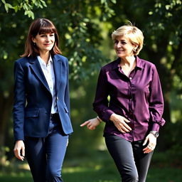 A tall, pretty woman with dark brown hair styled in bangs, wearing a navy blue blazer over a white buttoned shirt, paired with navy blue pants, walking next to a middle-aged woman resembling Princess Diana, featuring her iconic short blonde hairstyle