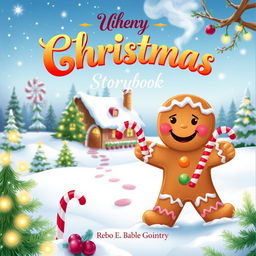 A whimsical Christmas storybook cover featuring a cheerful gingerbread man