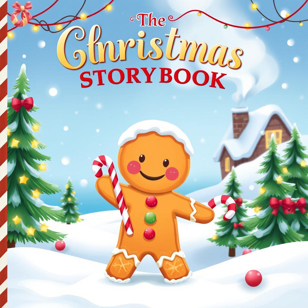 A whimsical Christmas storybook cover featuring a cheerful gingerbread man