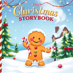 A whimsical Christmas storybook cover featuring a cheerful gingerbread man