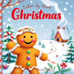 A whimsical Christmas storybook cover featuring a cheerful gingerbread man