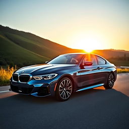 A sleek, modern BMW car parked on a scenic road, surrounded by lush green hills and a bright blue sky
