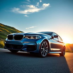 A sleek, modern BMW car parked on a scenic road, surrounded by lush green hills and a bright blue sky