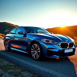 A sleek, modern BMW car parked on a scenic road, surrounded by lush green hills and a bright blue sky