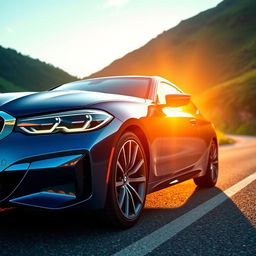 A sleek, modern BMW car parked on a scenic road, surrounded by lush green hills and a bright blue sky