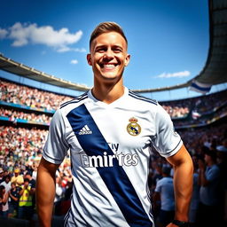A man wearing a Real Madrid jersey, showcasing the team's iconic colors of white and navy blue, is standing confidently in a sports stadium