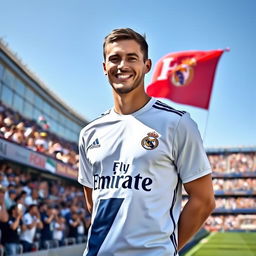 A man wearing a Real Madrid jersey, showcasing the team's iconic colors of white and navy blue, is standing confidently in a sports stadium