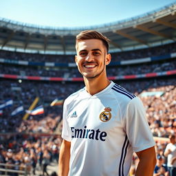 A man wearing a Real Madrid jersey, showcasing the team's iconic colors of white and navy blue, is standing confidently in a sports stadium