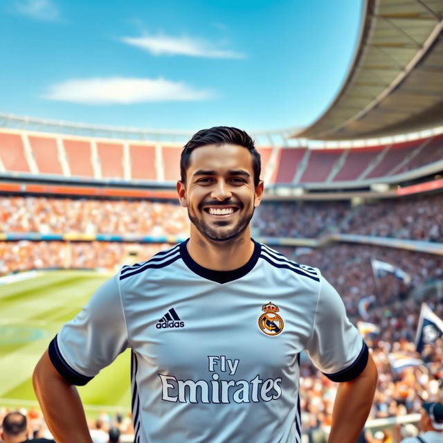 A man wearing a Real Madrid jersey, showcasing the team's iconic colors of white and navy blue, is standing confidently in a sports stadium