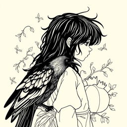 A boy in profile with long black hair, resting on his waist is a crow
