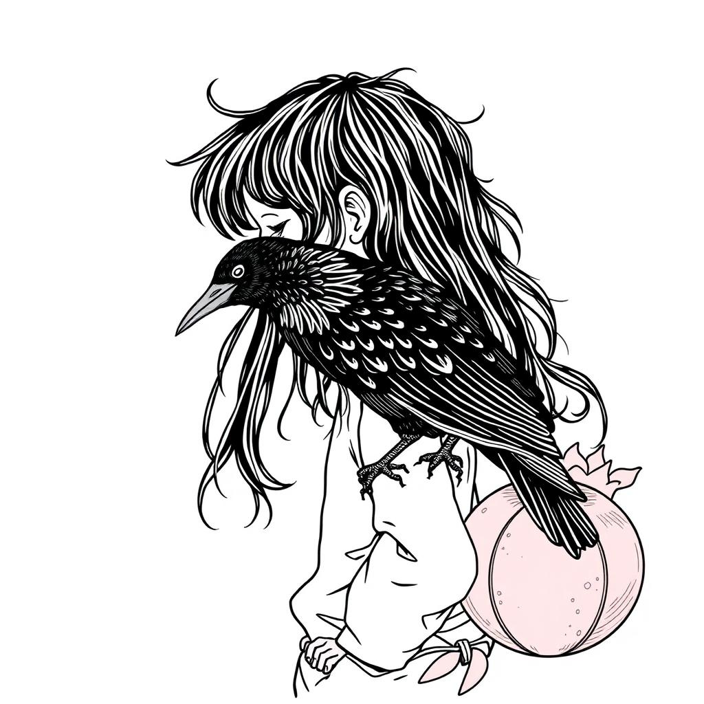 A boy in profile with long black hair, resting on his waist is a crow