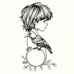 A boy in profile with long black hair, resting on his waist is a crow